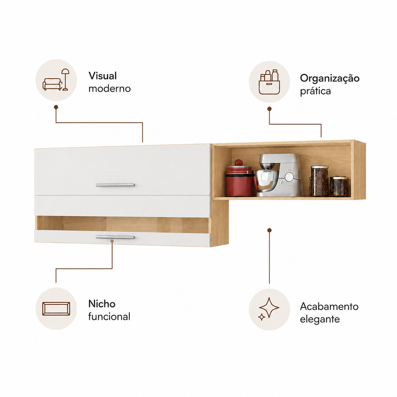 Armário Aéreo Duplo 100% MDF 2 Portas 200Cm Carménère Ronipa