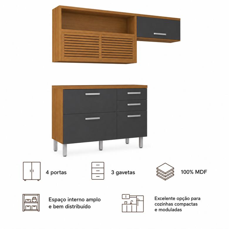 Cozinha Compacta 100% MDF 4 Portas 3 Gavetas Princesa Nesher