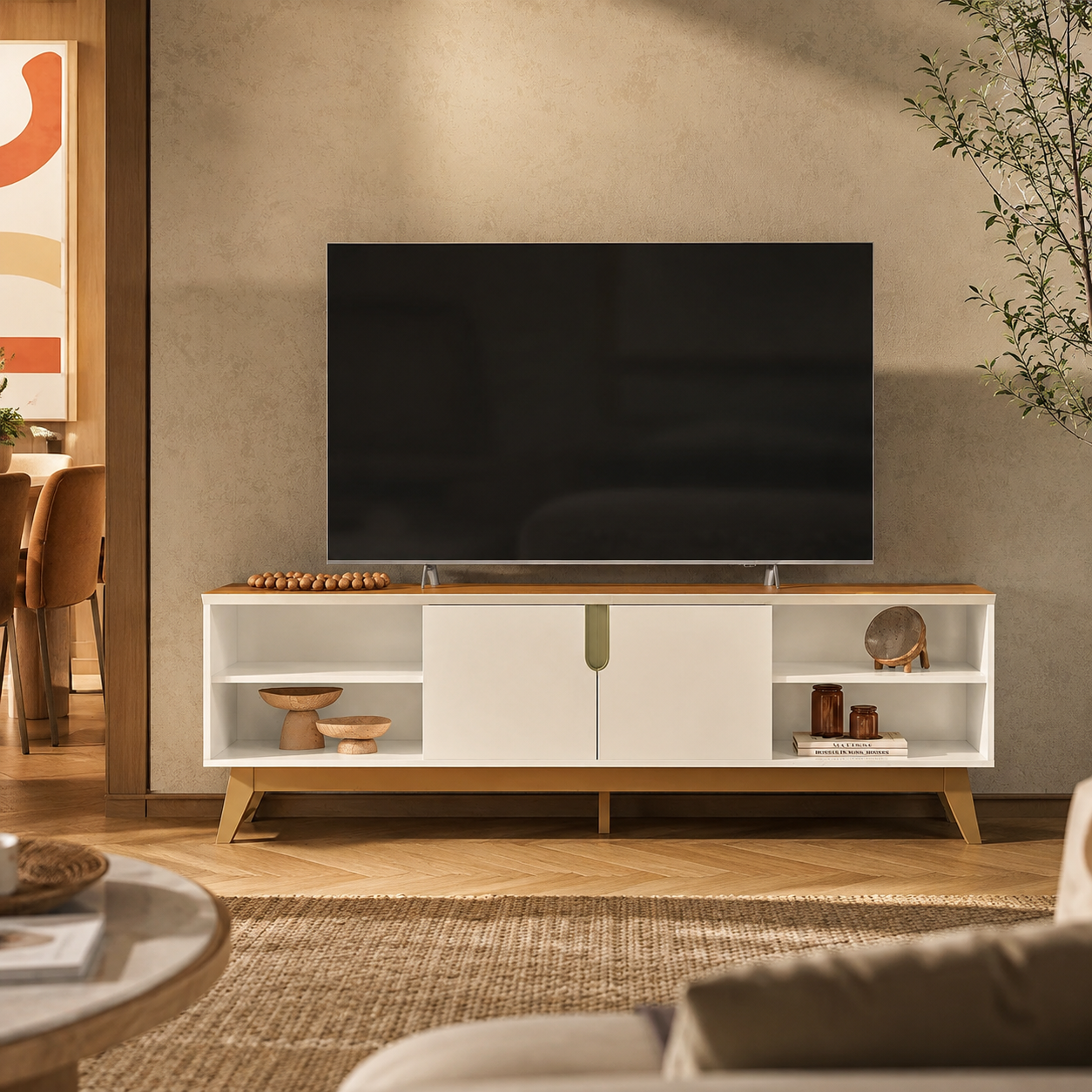Rack Para Tv Até 75" Campinas Mobler - OFF WHITE/CANELA