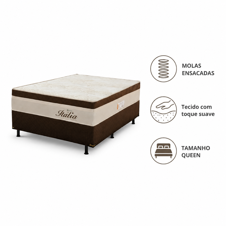 Cama Box Queen (Colchão + Base) 158x198 Molas Ensacadas Itália Topázio