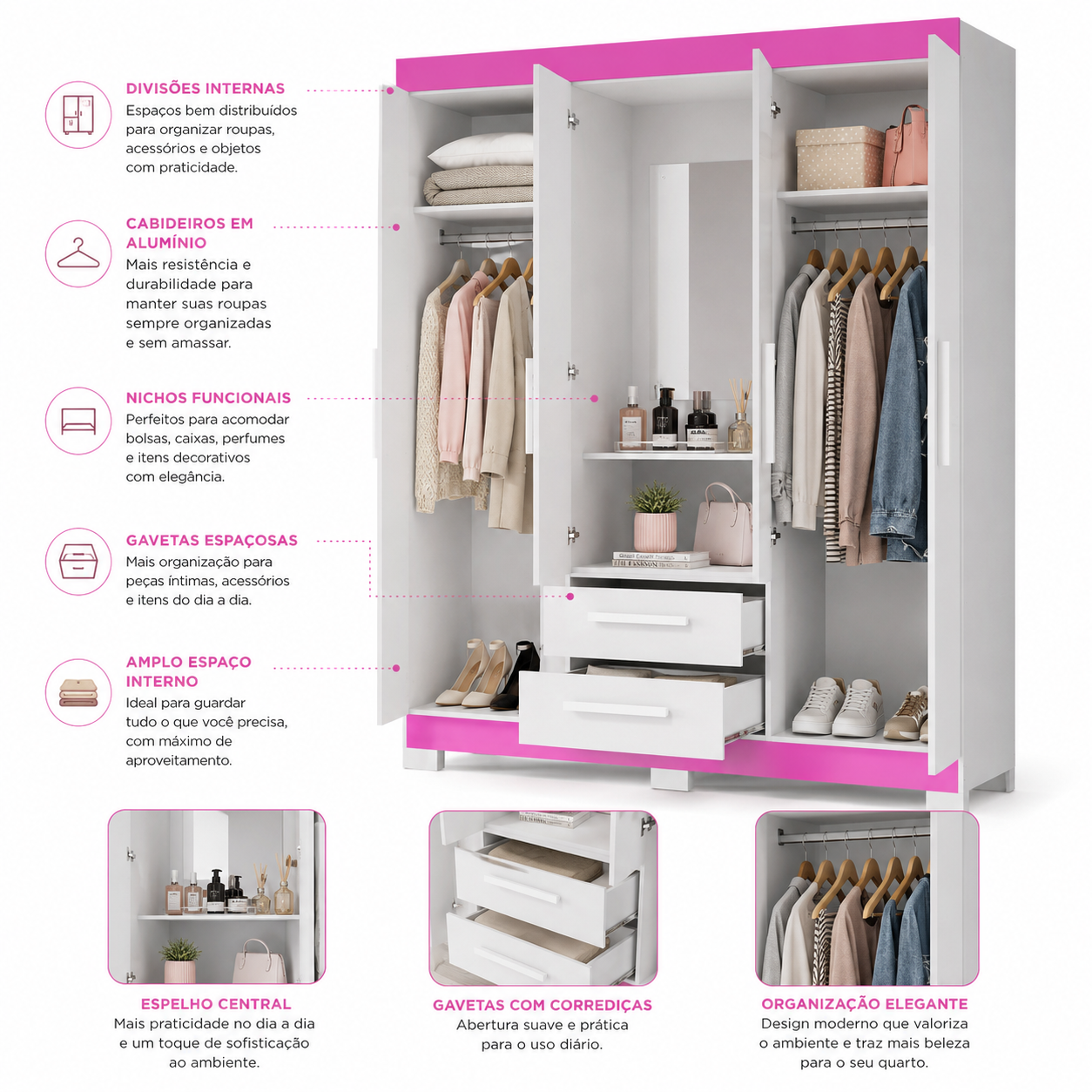 Guarda-Roupa Solteiro 4 Portas Com Espelho 2 Gavetas NT 6055 Notável