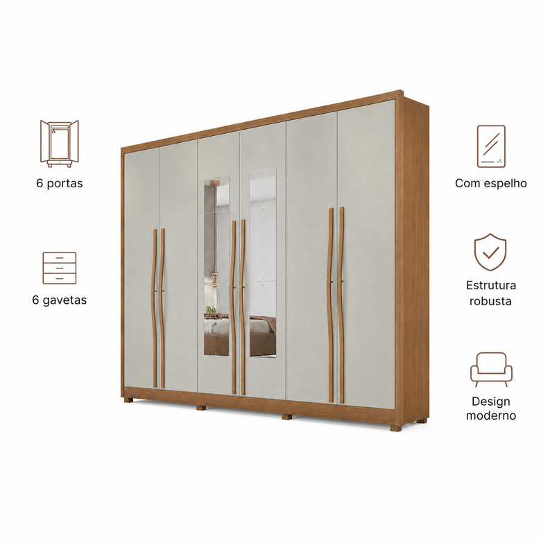 Guarda-Roupa Casal Robust com Espelho 6 Portas 6 Gavetas Novo Horizonte