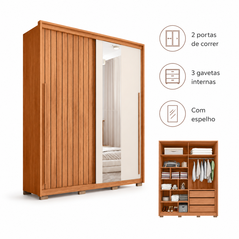 Guarda Roupa Solteiro Com Espelho 100% MDF 2 Portas 3 Gavetas 1.8 Moviment Caemmun