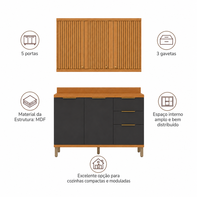 Cozinha Compacta MDF 5 Portas 3 Gavetas Sauvignon Ronipa