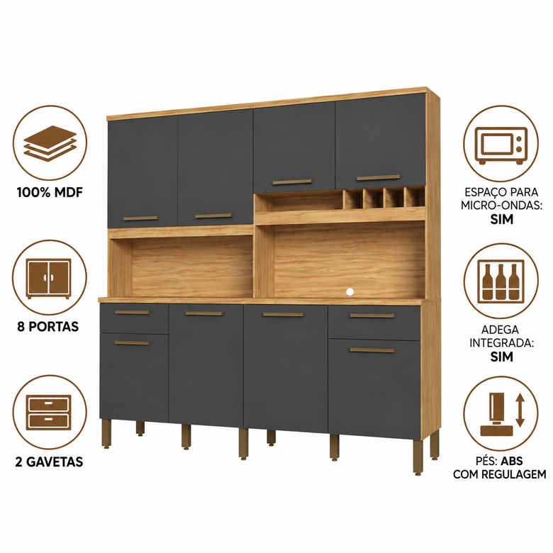 Cozinha Compacta 100% MDF 8 Portas 2 Gavetas Carbenet Prime Ronipa