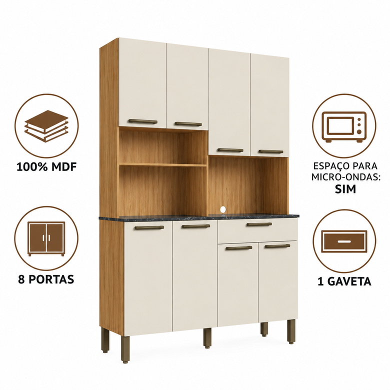 Cozinha Compacta 100% MDF 8 Portas 1 Gaveta Tannat Ronipa