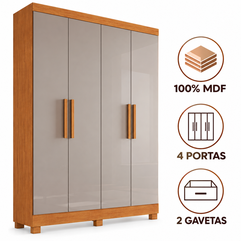 Guarda Roupa Solteiro 100% MDF 4 Portas 2 Gavetas Sergipe Bianchi