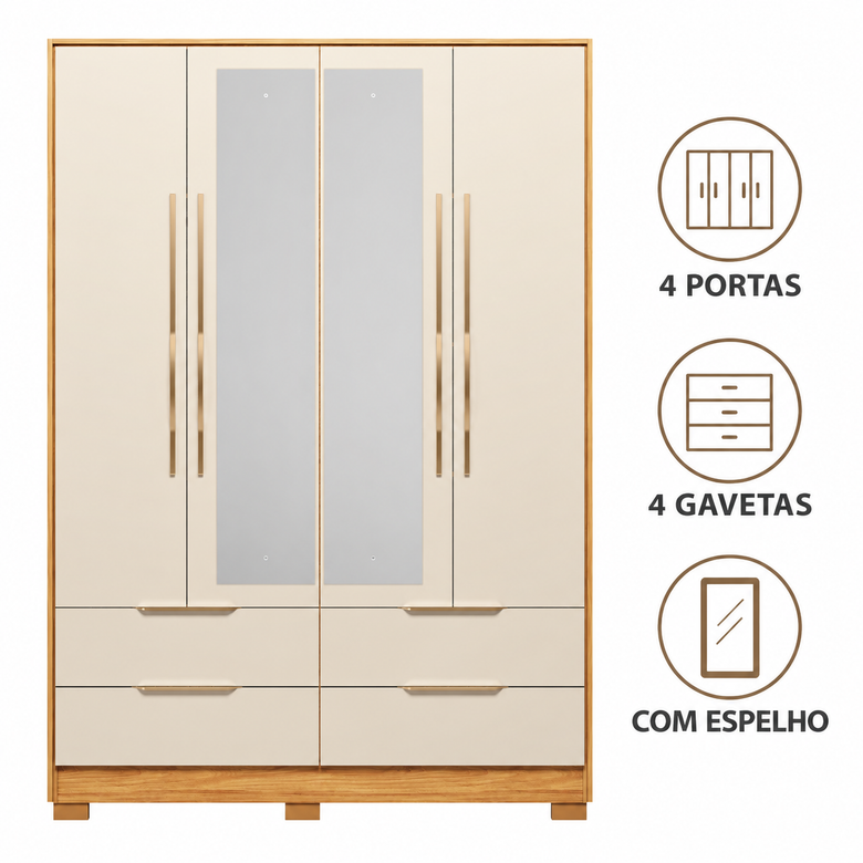 Guarda-Roupa Casal Com Espelho 4 Portas 4 Gavetas Domo Demóbile