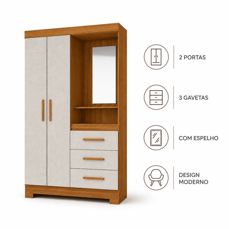 Guarda Roupa Solteiro 2 Portas 3 Gavetas Flex NT6020 Nótável Móveis
