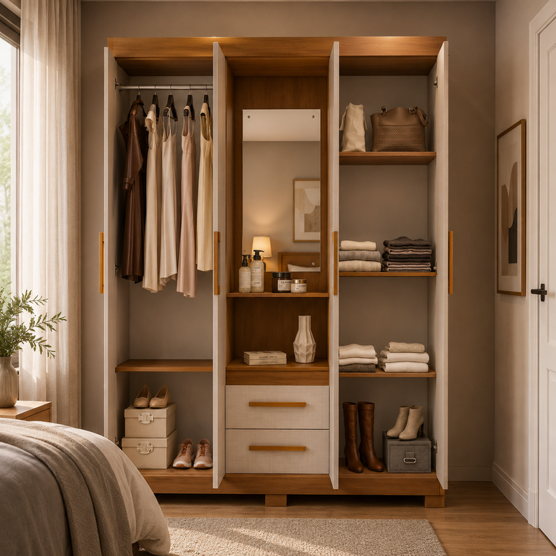 Guarda-Roupa Solteiro Com Espelho 4 Portas 2 Gavetas NT 6055 Notável