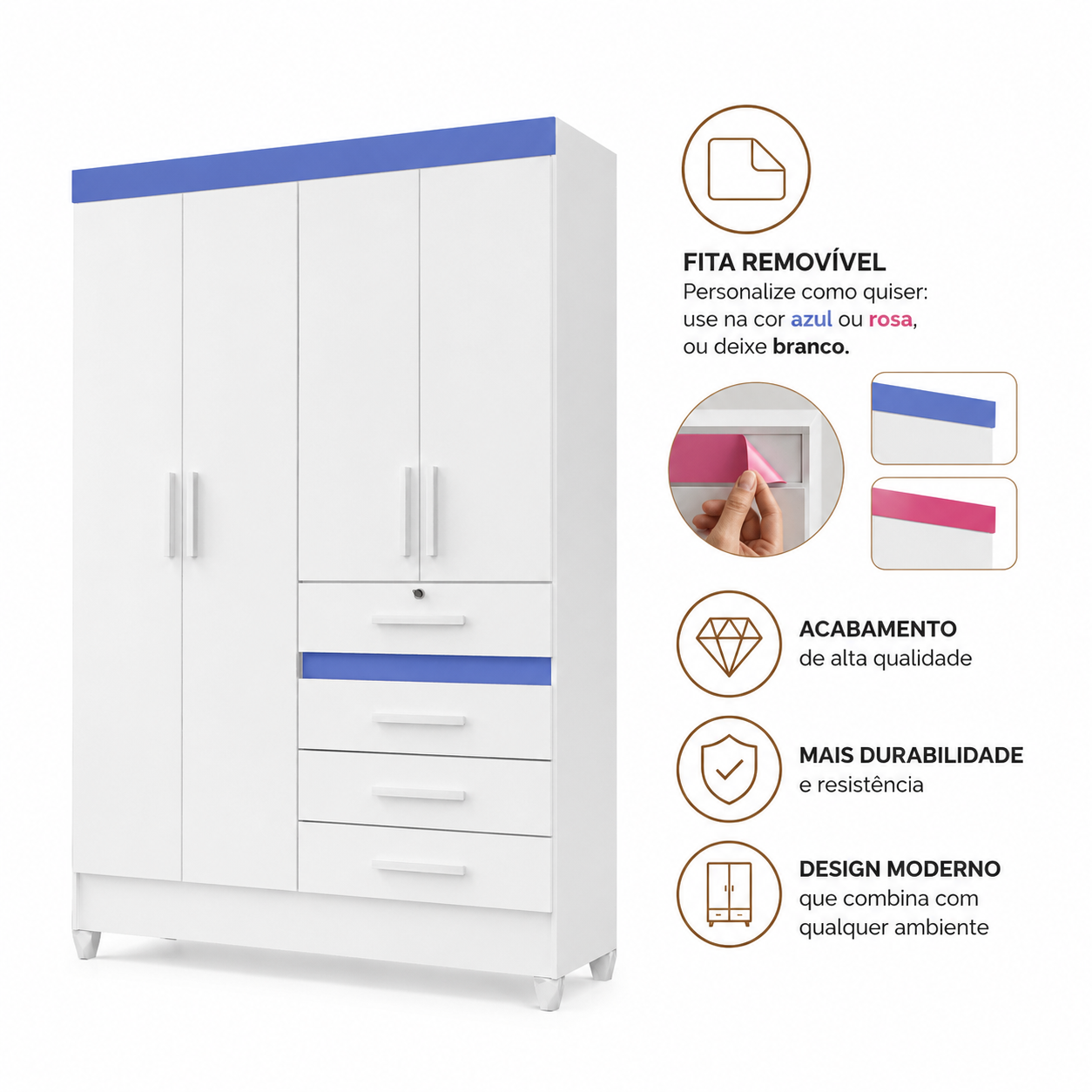 Guarda-Roupa De Solteiro Sobral 4 Portas 4 Gavetas Moval