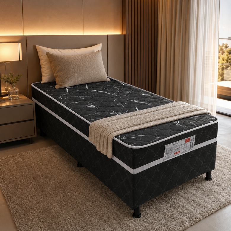 Cama Box Solteiro Conjugada Bordado D28 88x188 Black Bacetto
