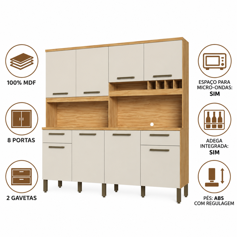 Cozinha Compacta 100% MDF 8 Portas 2 Gavetas Carbenet Prime Ronipa