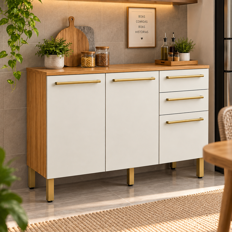 Balcão De Cozinha 100% MDF 120cm 3 Portas 2 Gavetas Carménère Ronipa