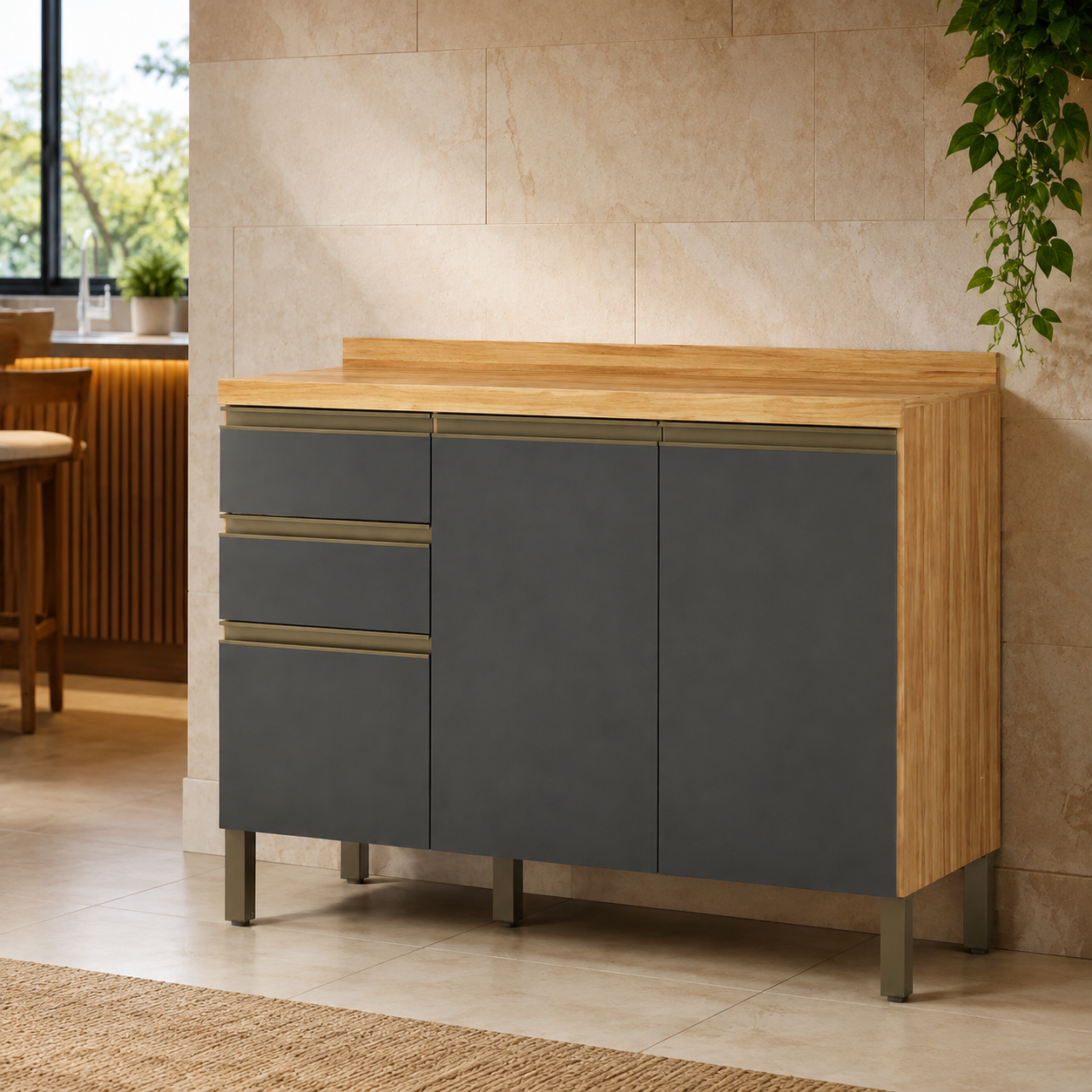 Balcão De Cozinha 100% MDF Com Tampo 120cm Chardonnay Ronipa - AMENDOA/CHUMBO