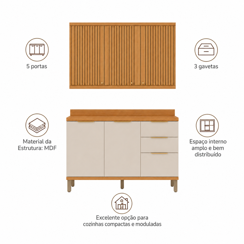 Cozinha Compacta MDF 5 Portas 3 Gavetas Sauvignon Ronipa