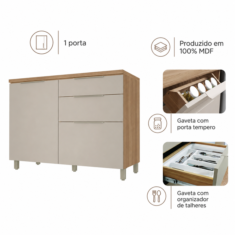 Balcão de Cozinha 120cm 1 Porta 3 Gavetas Marquesa Nesher