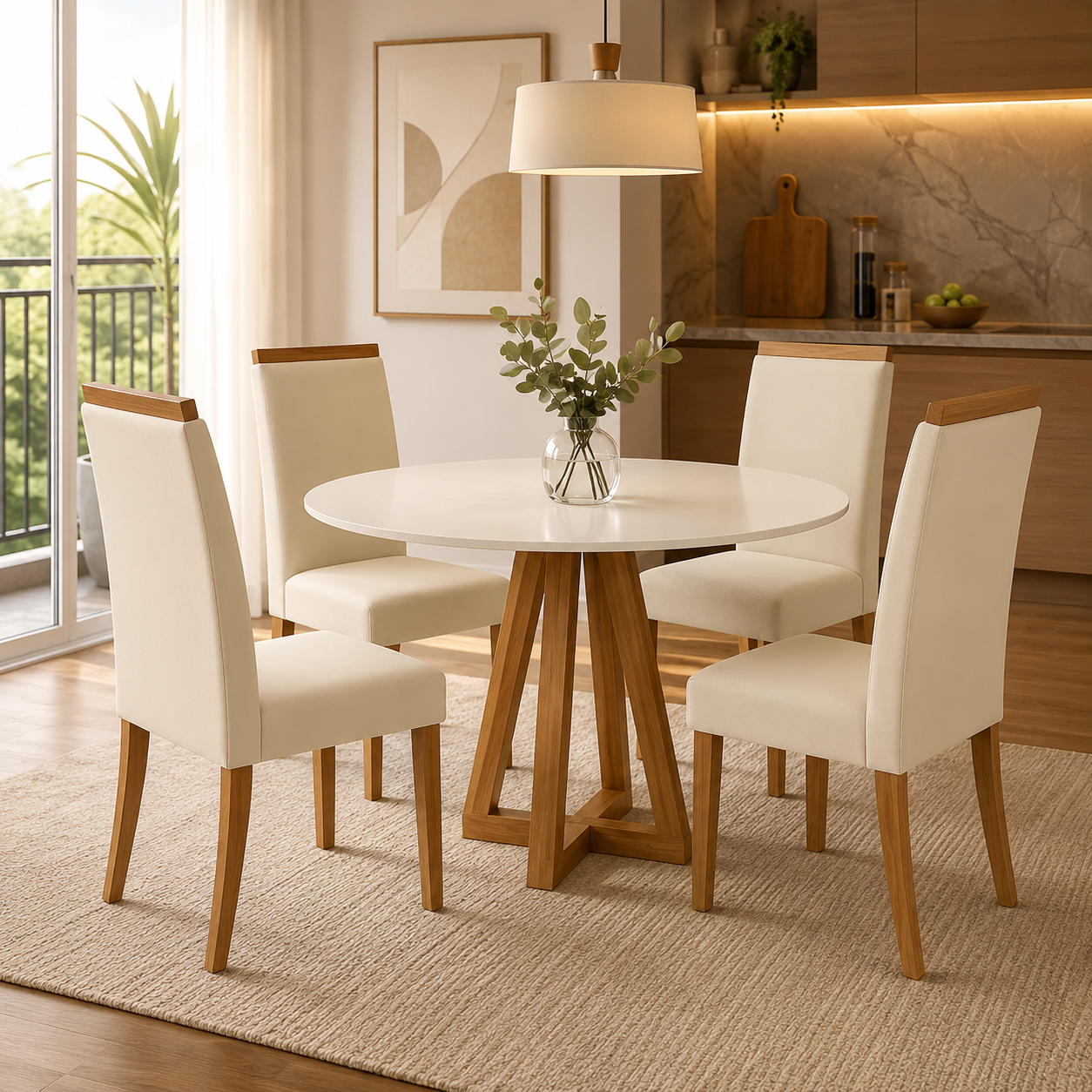 Conjunto Mesa De Jantar 90cm Redonda Com 4 Cadeiras Livia Sonetto - AMBAR/ OFF WHITE