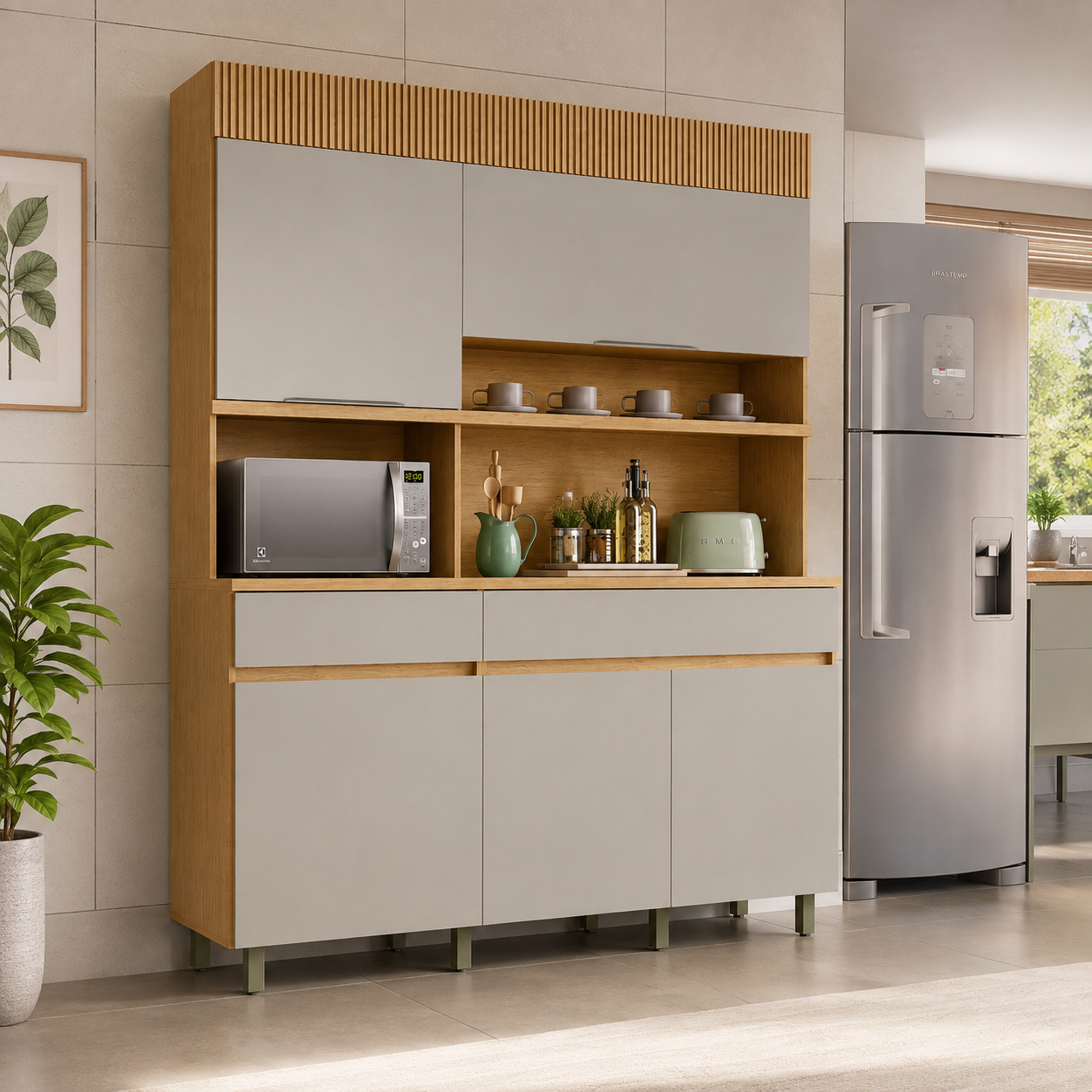 Cozinha Compacta 100% MDF 5 Portas 2 Gavetas Realeza Nesher - CARVALHO/CINZA