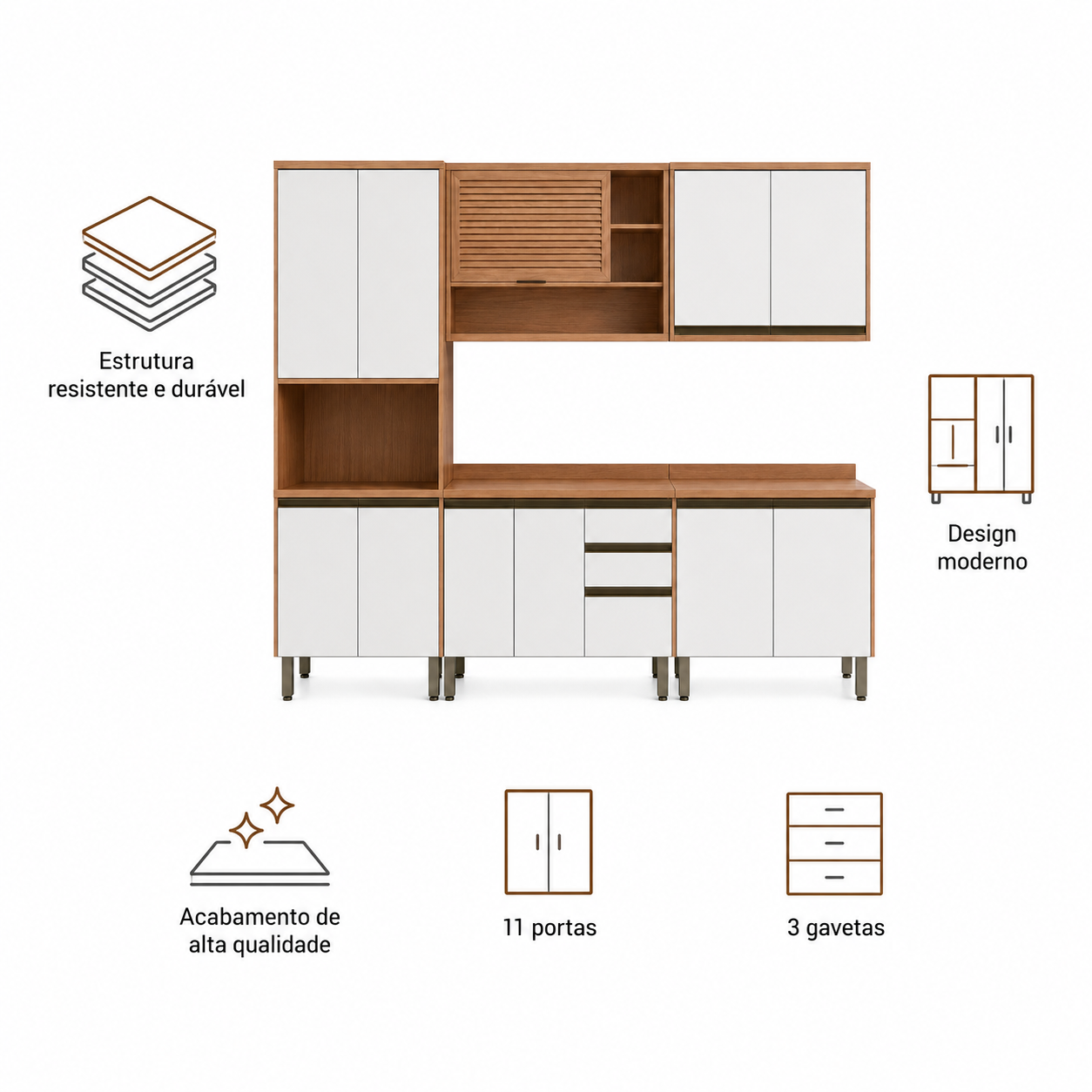 Cozinha Modulada 5 Peças 11 Portas 3 Gavetas Macadâmia Telasul
