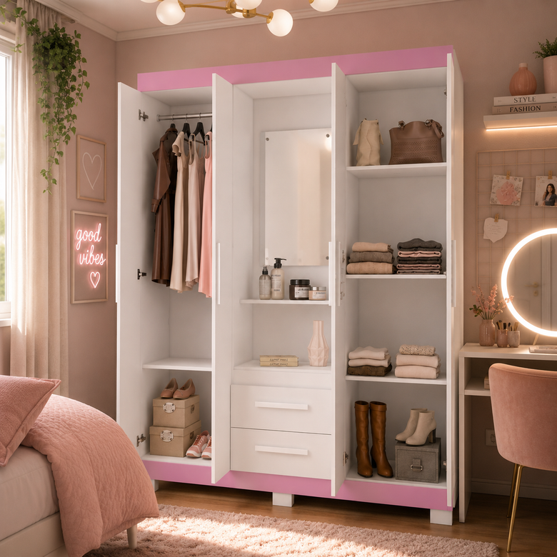 Guarda-Roupa Solteiro 4 Portas Com Espelho 2 Gavetas NT 6055 Notável
