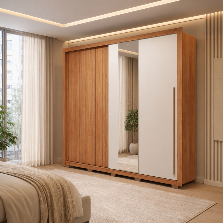 Guarda Roupa Casal 2 Portas de Correr com Espelho e 4 Gavetas 2.4 Flex Moviment Caemmun
