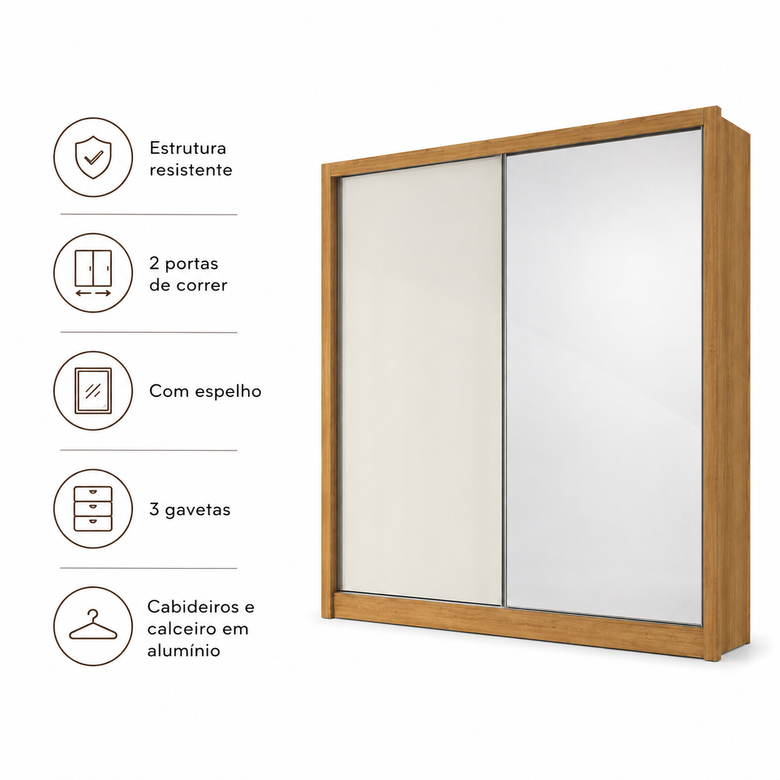 Guarda-Roupa Com Espelho 2 Portas 3 Gavetas Virtus Novo Horizonte