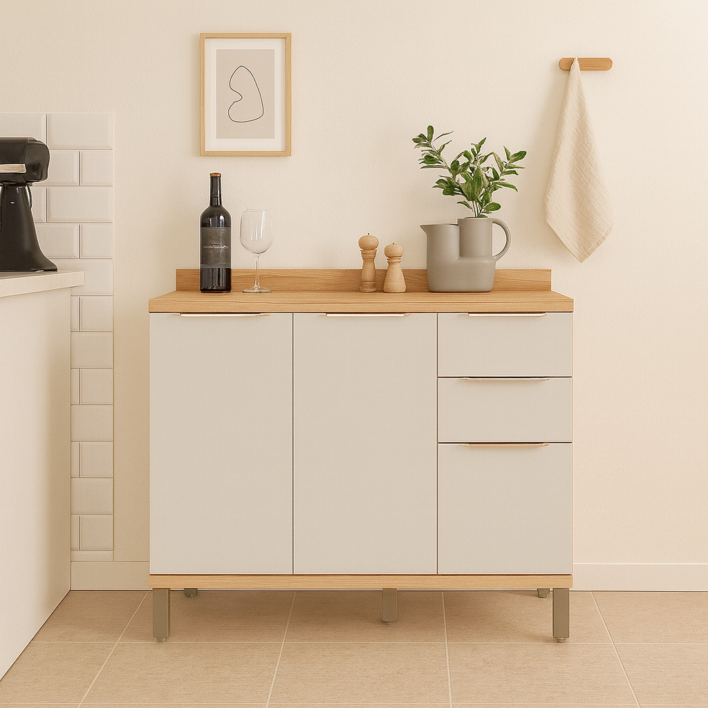 Balcão 2 Portas 3 Gavetas 120 Cm MDF Sauvignon Ronipa - AMENDOA/OFF WHITE