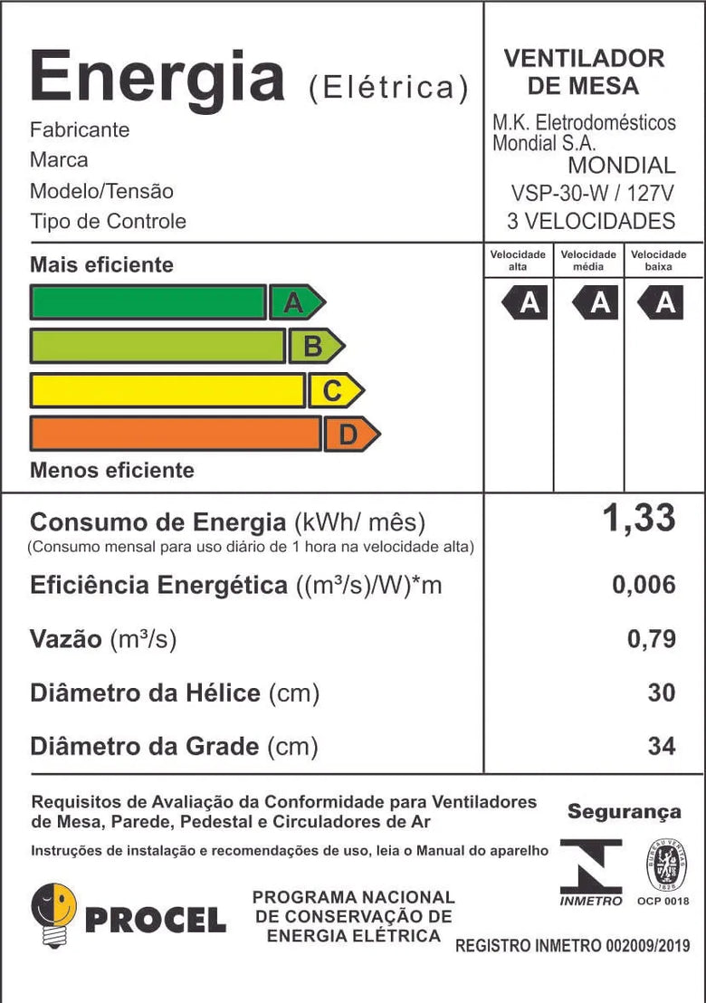Ventilador De Mesa Mondial VSP-30-W 6 pás