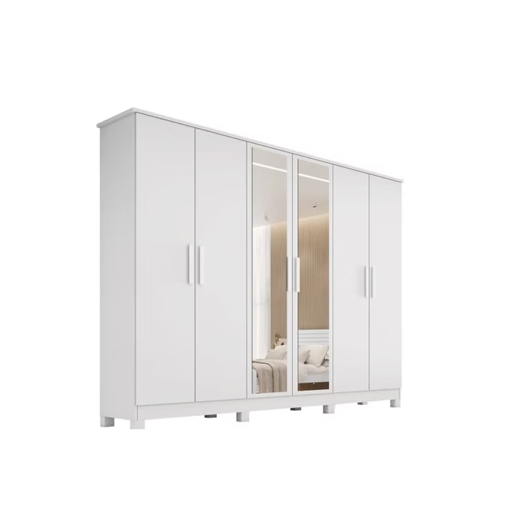 Guarda Roupa Casal com Espelho 6 Portas 4 Gavetas MDF Nina Bianchi - BRANCO