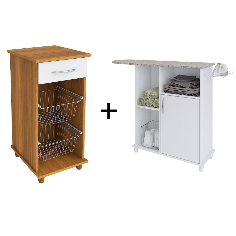 Kit Fruteira 2 Cestos 1 Gaveta Regia Fiorello com Tábua de Passar Roupa 1 Porta e 3 Nichos Notável Móveis - FREIJO