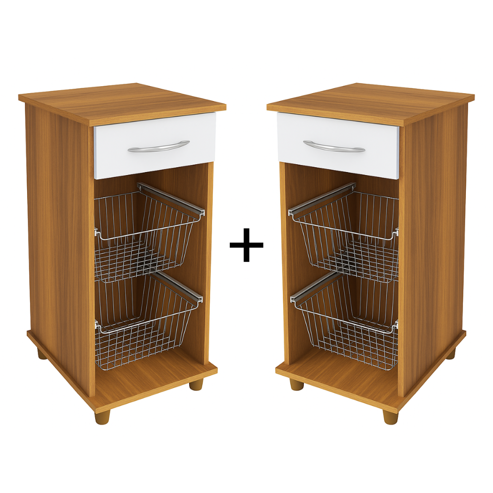 Kit com 2 Fruteiras com Cestos e 1 Gaveta Régia Fiorello - FREIJO/BRANCO