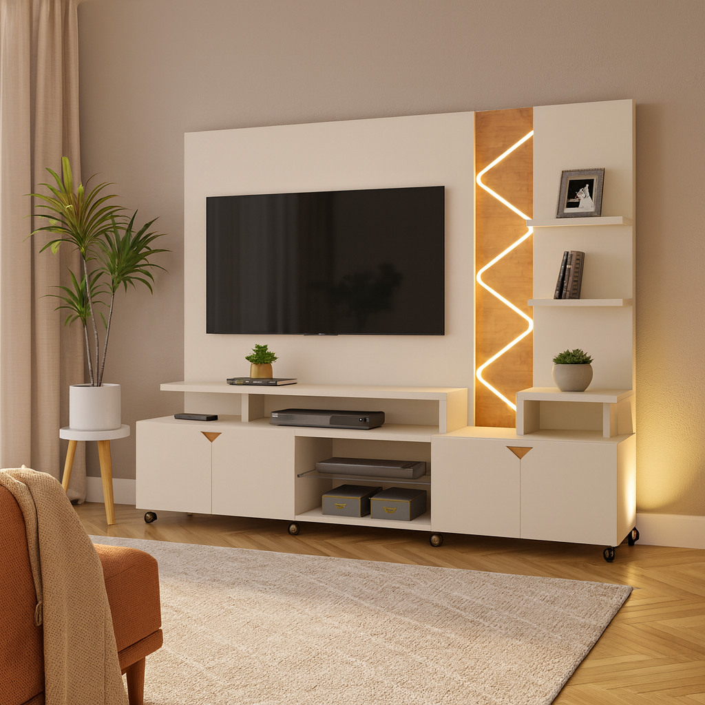 Home para Tv até 55 Polegadas Impressão Ripada Cross  Lukaliam Móveis - OFF WHITE/AMENDOA