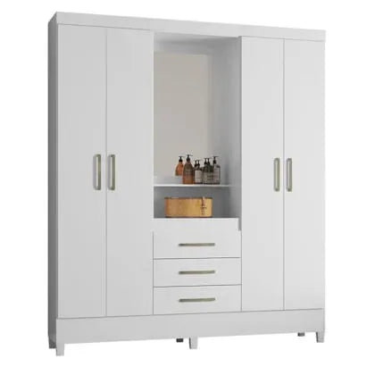 Guarda-Roupa Solteiro 4 Portas e 3 Gavetas com Espelho Pérsia Demobile - BRANCO/ROSA