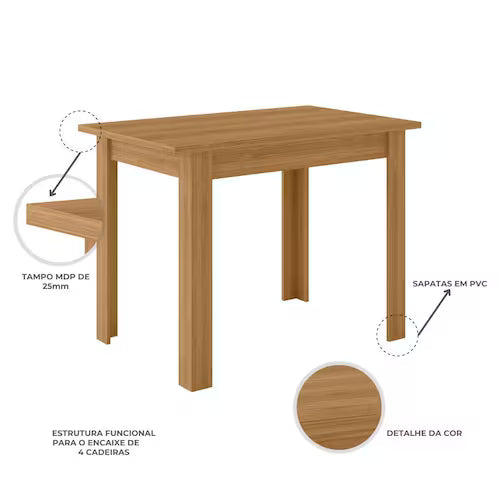 Mesa de Jantar Retangular 6 lugares 150 cm Bellagio Poliman - CARVALHO