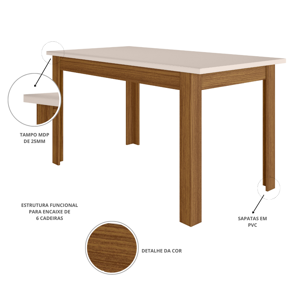 Mesa de Jantar Retangular 6 lugares 150cm Bellagio Poliman