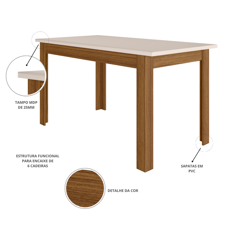 Mesa de Jantar Retangular 6 lugares 150cm Bellagio Poliman