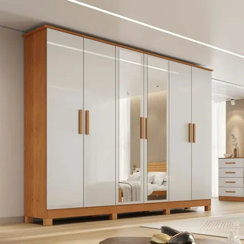 Guarda Roupa Casal com Espelho 6 Portas 4 Gavetas MDF Nina Bianchi - OFF WHITE