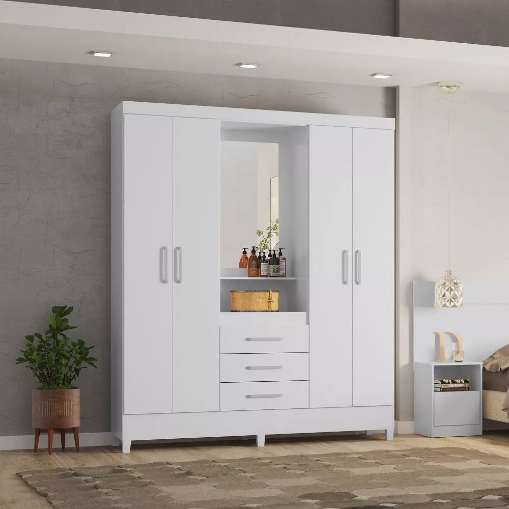 Guarda-Roupa Solteiro 4 Portas e 3 Gavetas com Espelho Pérsia Demobile - BRANCO/ROSA