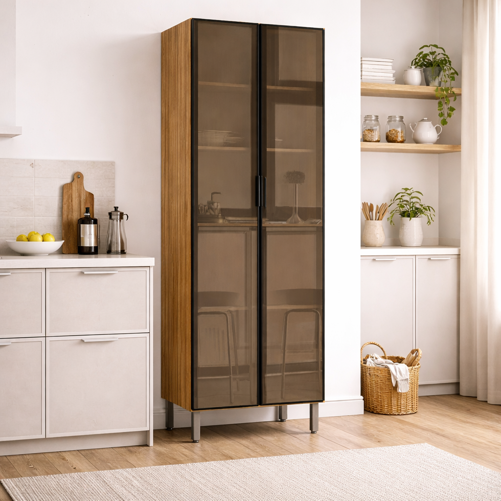 Paneleiro Duplo Cristaleira 2 Portas 80cm Viv Kits Paraná - FREIJO/ALUMINUM/PRETO