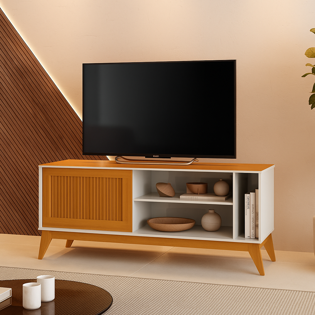 Rack para TV até 55" 1 Porta de Correr Aruba EDN - OFF WHITE/CEDRO RIPADO