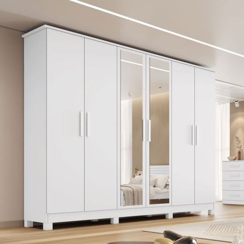 Guarda Roupa Casal com Espelho 6 Portas 4 Gavetas MDF Nina Bianchi - BRANCO