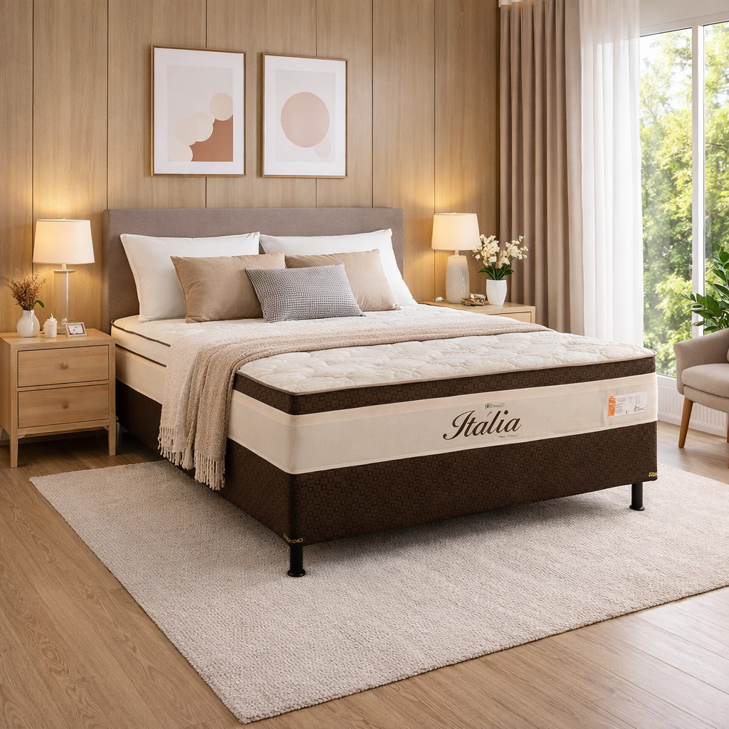 Cama Box Casal Itália (Colchão + Base) 138x188x62 Molas Ensacadas Topázio