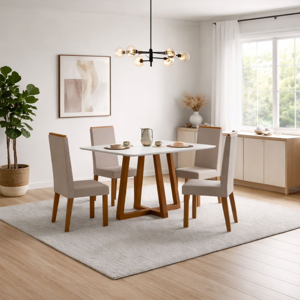 Conjunto de Mesa de Jantar 120x90cm Retangular com 4 Cadeiras Livia Sonetto - AMBA/OFF WHITE