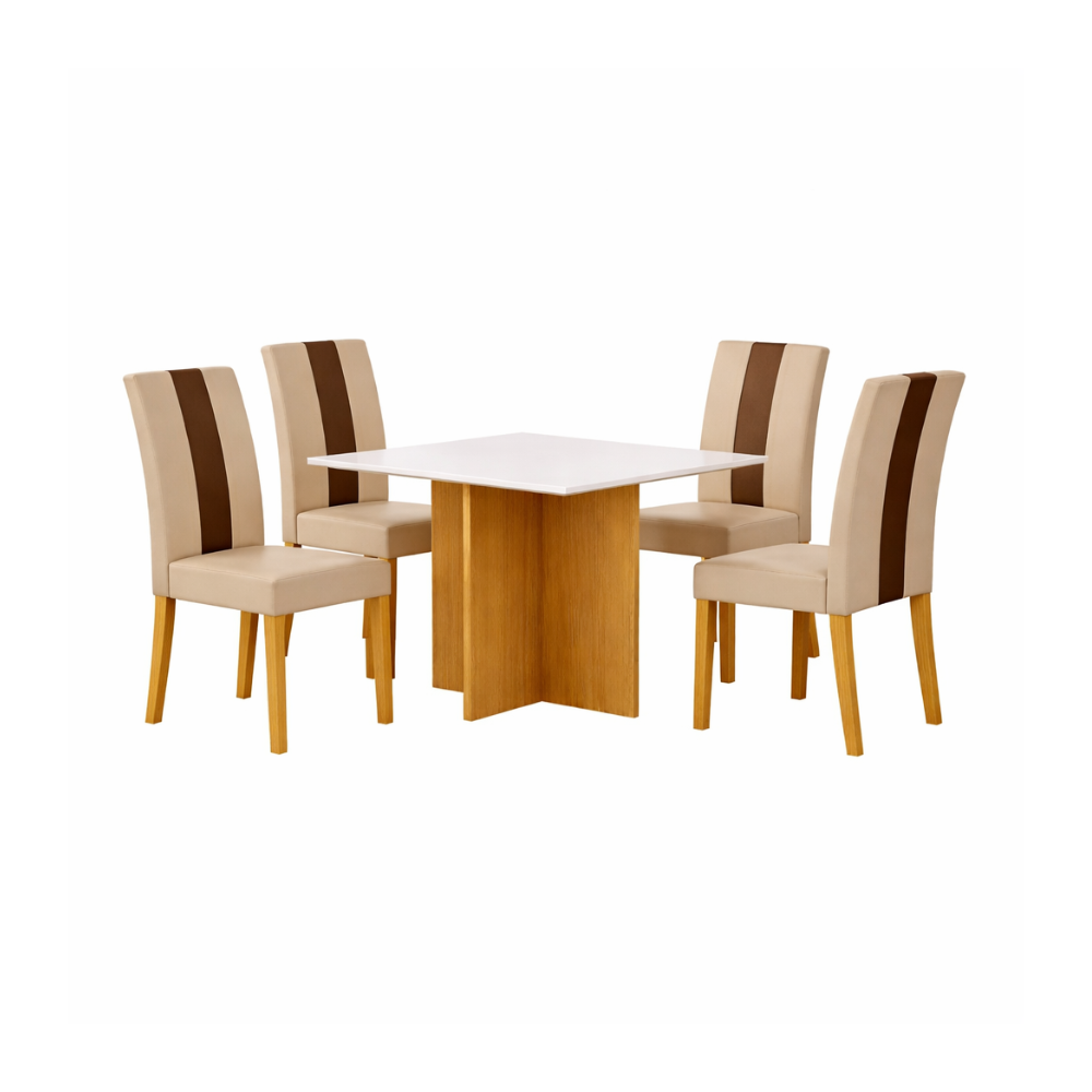 Conjunto Mesa de Jantar 90cm Quadrada Helo Com 4 Cadeiras Linea Poliman - FREIJÓ/MARFIM