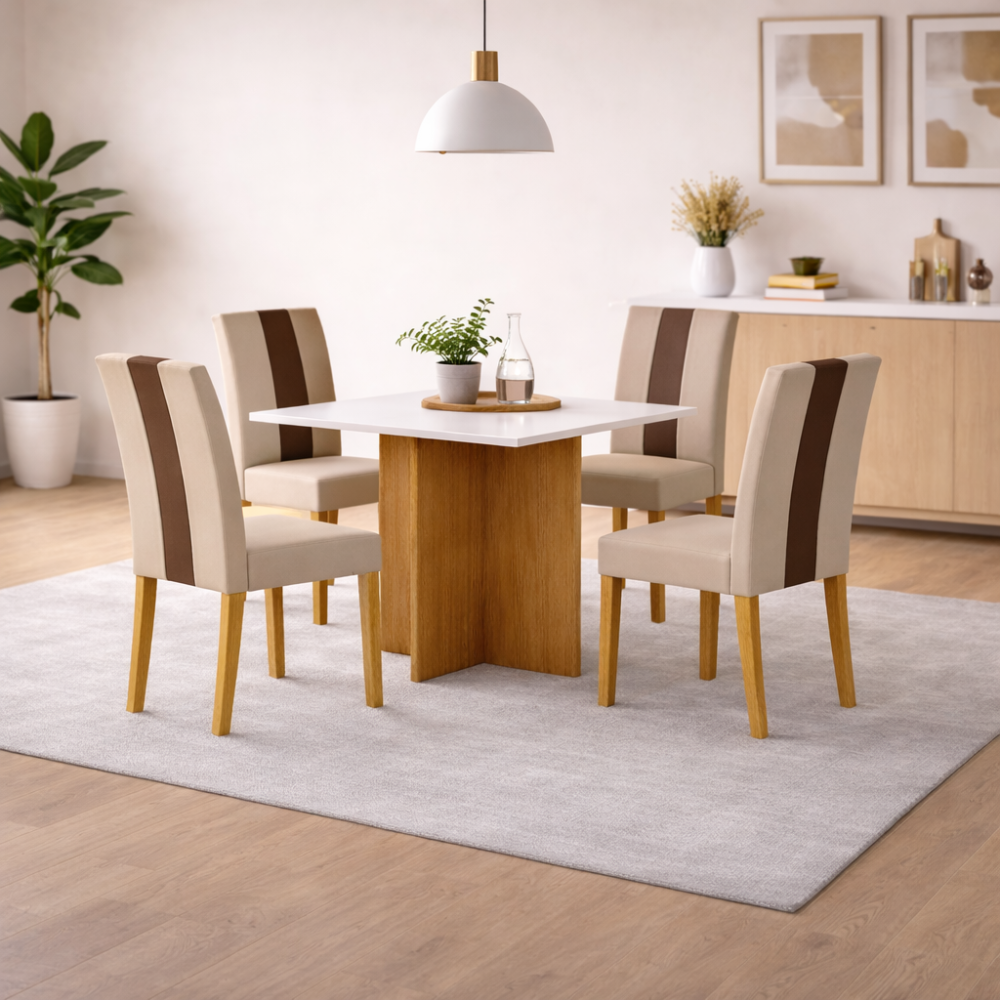 Conjunto Mesa de Jantar 90cm Quadrada Helo Com 4 Cadeiras Linea Poliman - FREIJÓ/MARFIM