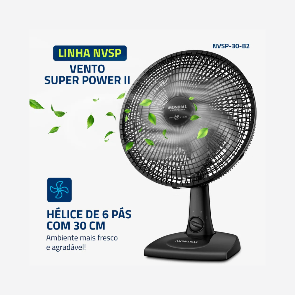 Ventilador de Mesa Mondial NVSP-30-B 30cm 6 Pás - PRETO