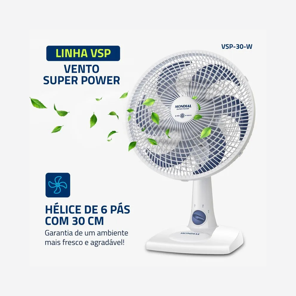 Ventilador de Mesa Mondial NVSP-30-B 30cm 6 Pás - BRANCO