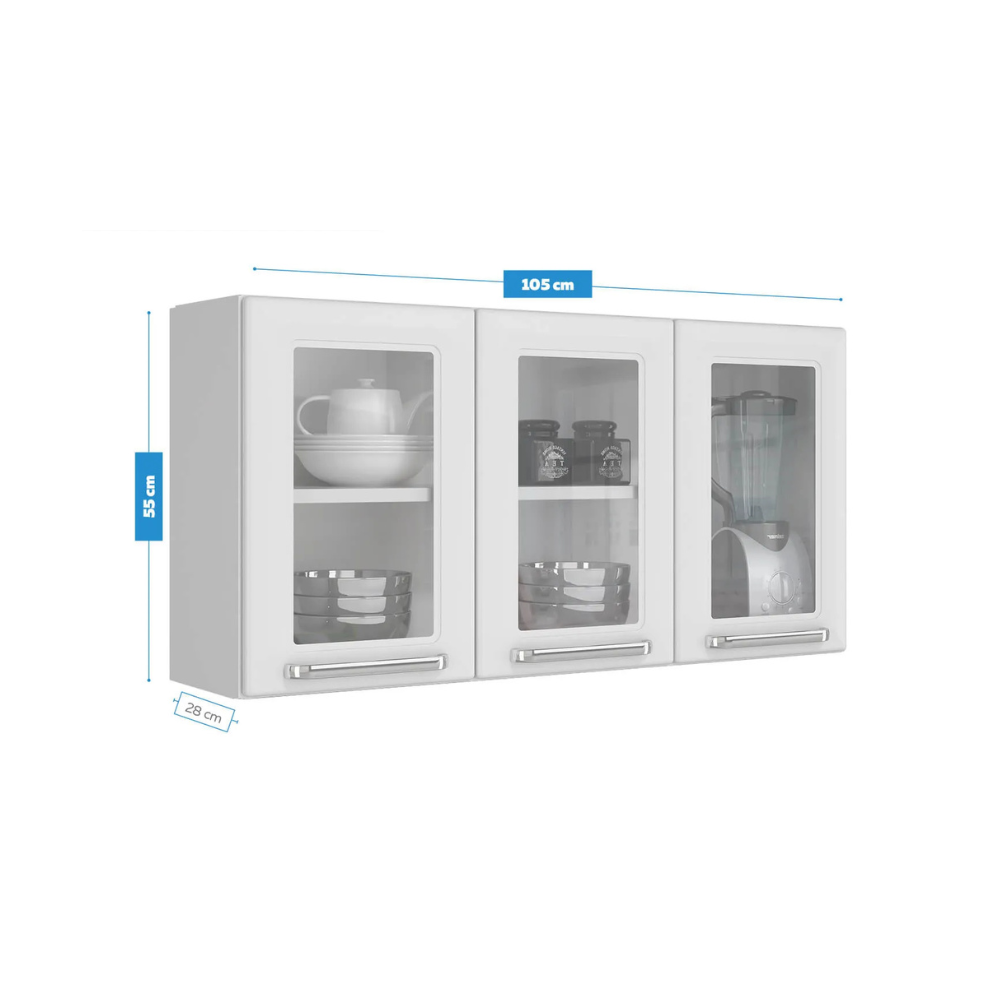 Armário Aéreo 3 Portas com Vidro Luce Itatiaia