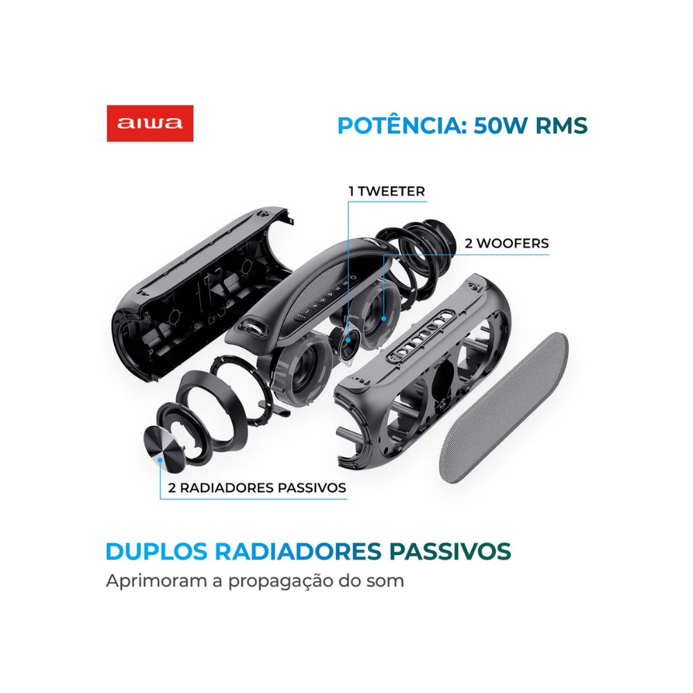 Caixa de Som Boombox AIWA BBS-02-A 50W BT 8H IPX5 RGB USB - PRETO